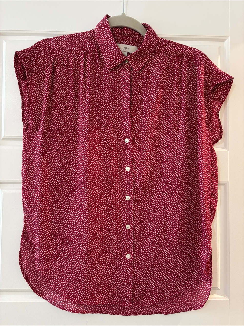 LOFT Women's Red Cap-Sleeve Button-Front Blouse with tiny hearts